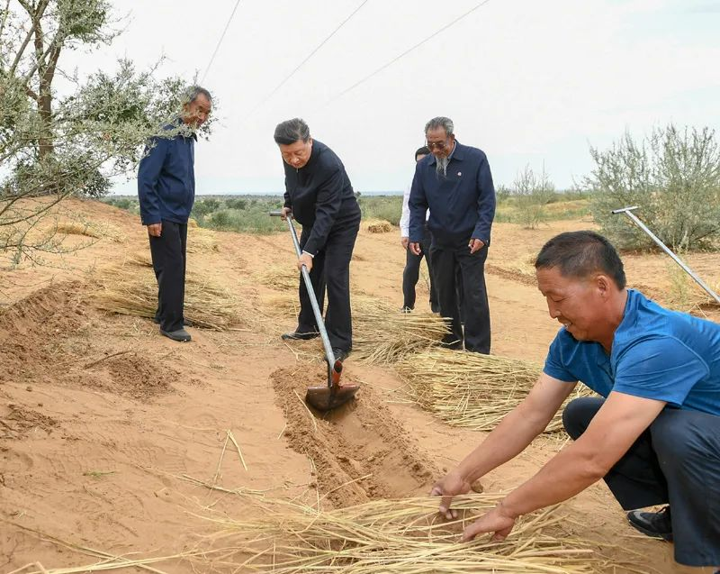 2019年8月21日，習(xí)近平來到甘肅省武威市古浪縣八步沙林場，實(shí)地察看當(dāng)?shù)刂紊吃炝?、生態(tài)保護(hù)等情況。新華社記者 謝環(huán)馳 攝