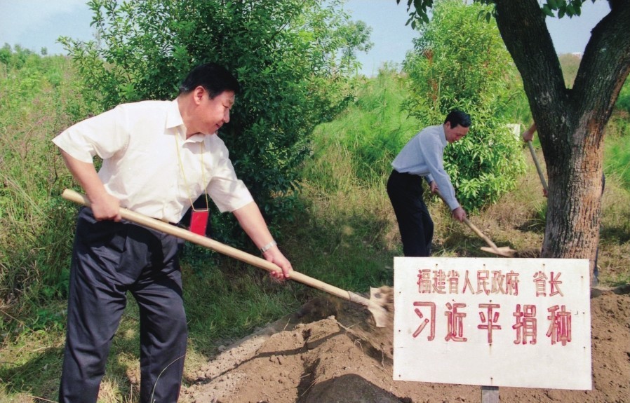 2001年10月，習(xí)近平在龍巖市長汀縣調(diào)研水土流失治理工作，在河田世紀生態(tài)園為樹培土。圖源：《習(xí)近平在福建（下）》