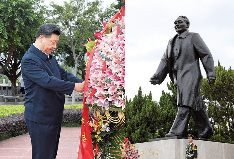 2020年10月14日，習(xí)近平總書記向深圳蓮花山公園鄧小平同志銅像敬獻(xiàn)花籃。