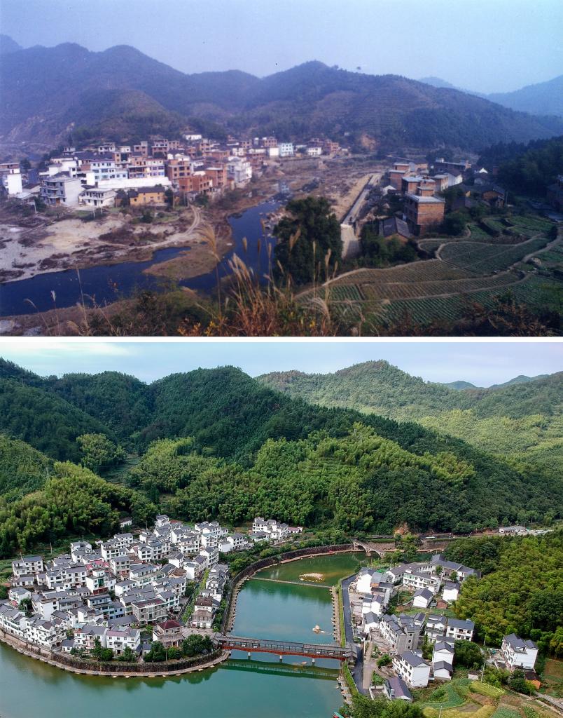 圖為浙江省杭州市淳安縣楓樹嶺鎮(zhèn)下姜村拼版圖，其中上圖為資料照片、下圖由新華社記者張鋮攝。